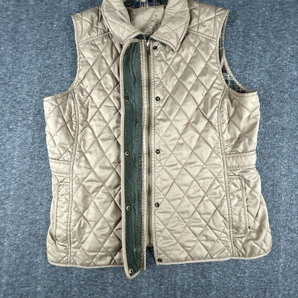 LL BEAN Quilted Barn Vest Women's Size M Beige Full Zip Insulated Plaid Lined - Picture 8 of 11